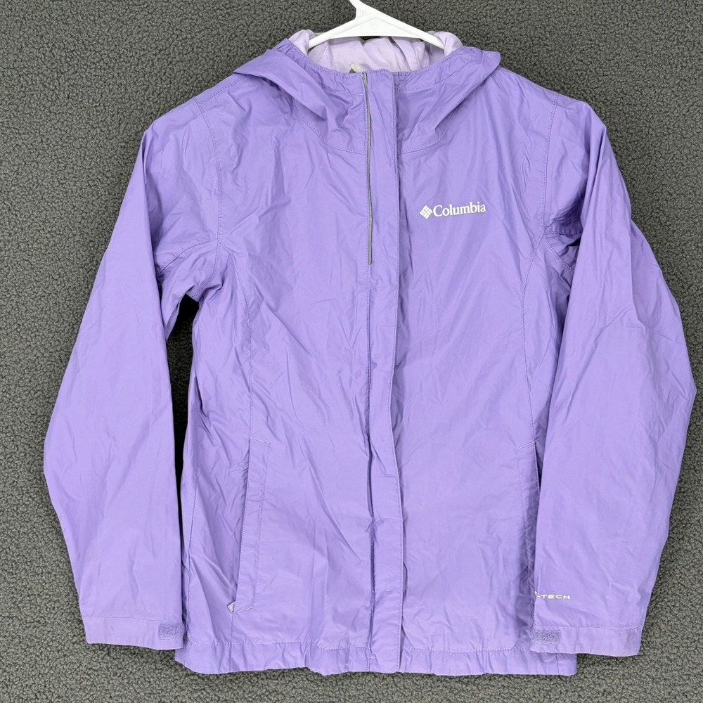 Columbia Omni-Tech Girl Rain Jacket Purple Hooded Mesh Lined Size M 10/12 XG0026